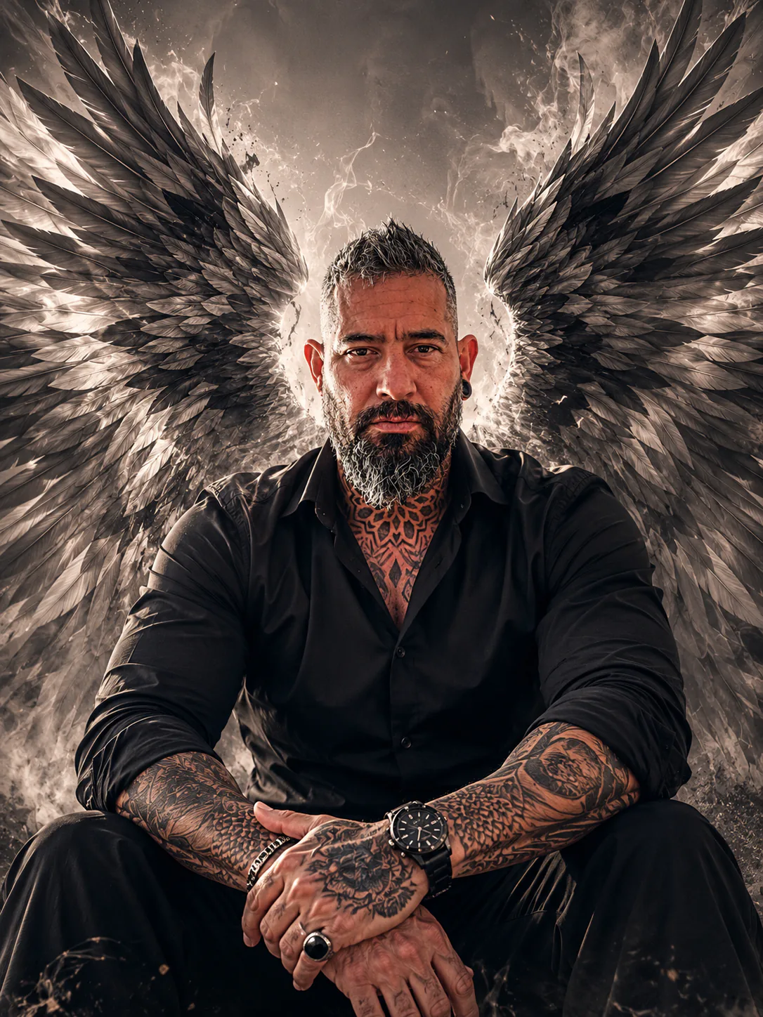 Erol, Inhaber und Tätowierer von Breaker Tattoo, künstlerisches Porträt mit Flügelmotiv